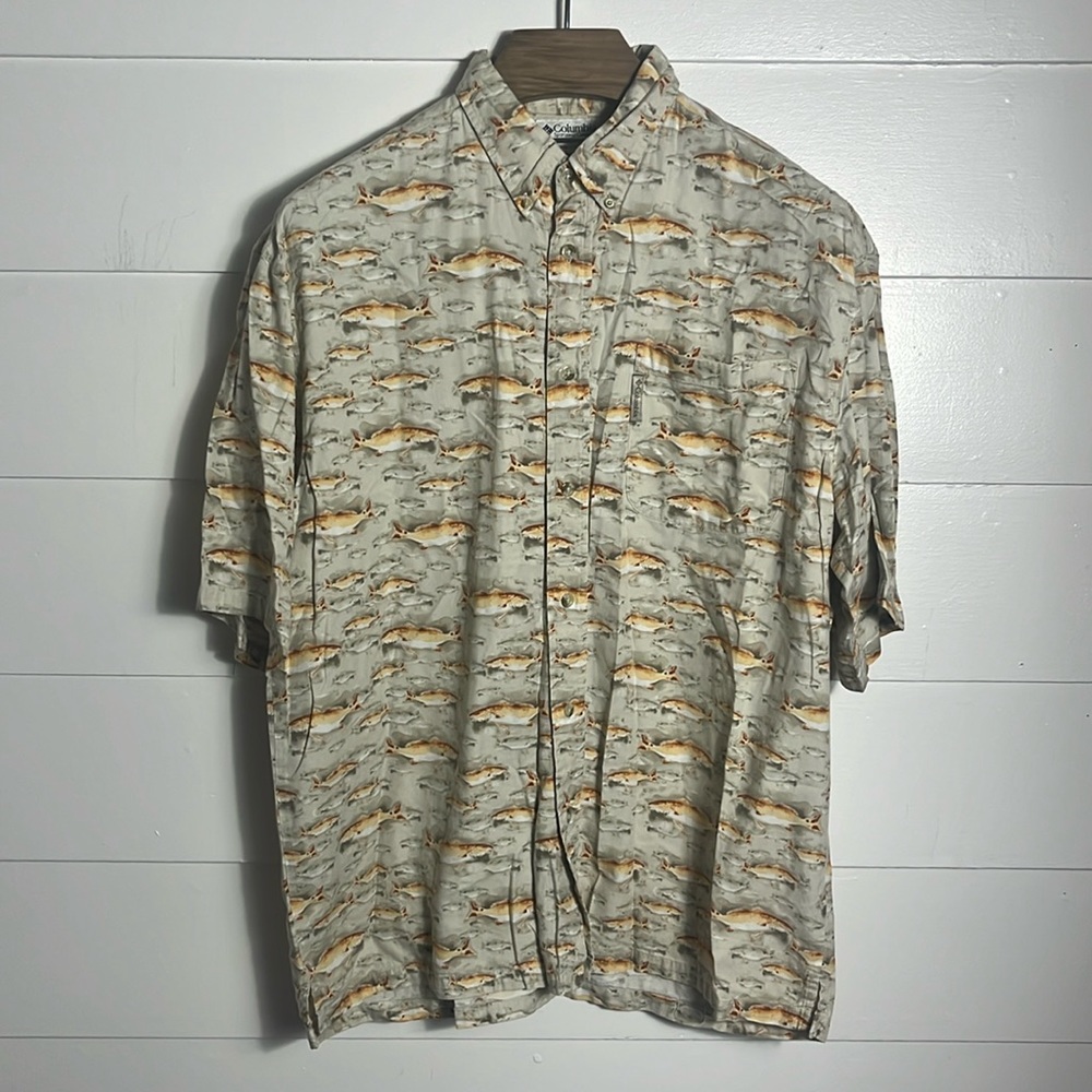 Vintage Men's Columbia Fish Print Short Sleeve Button Down Shirt XL